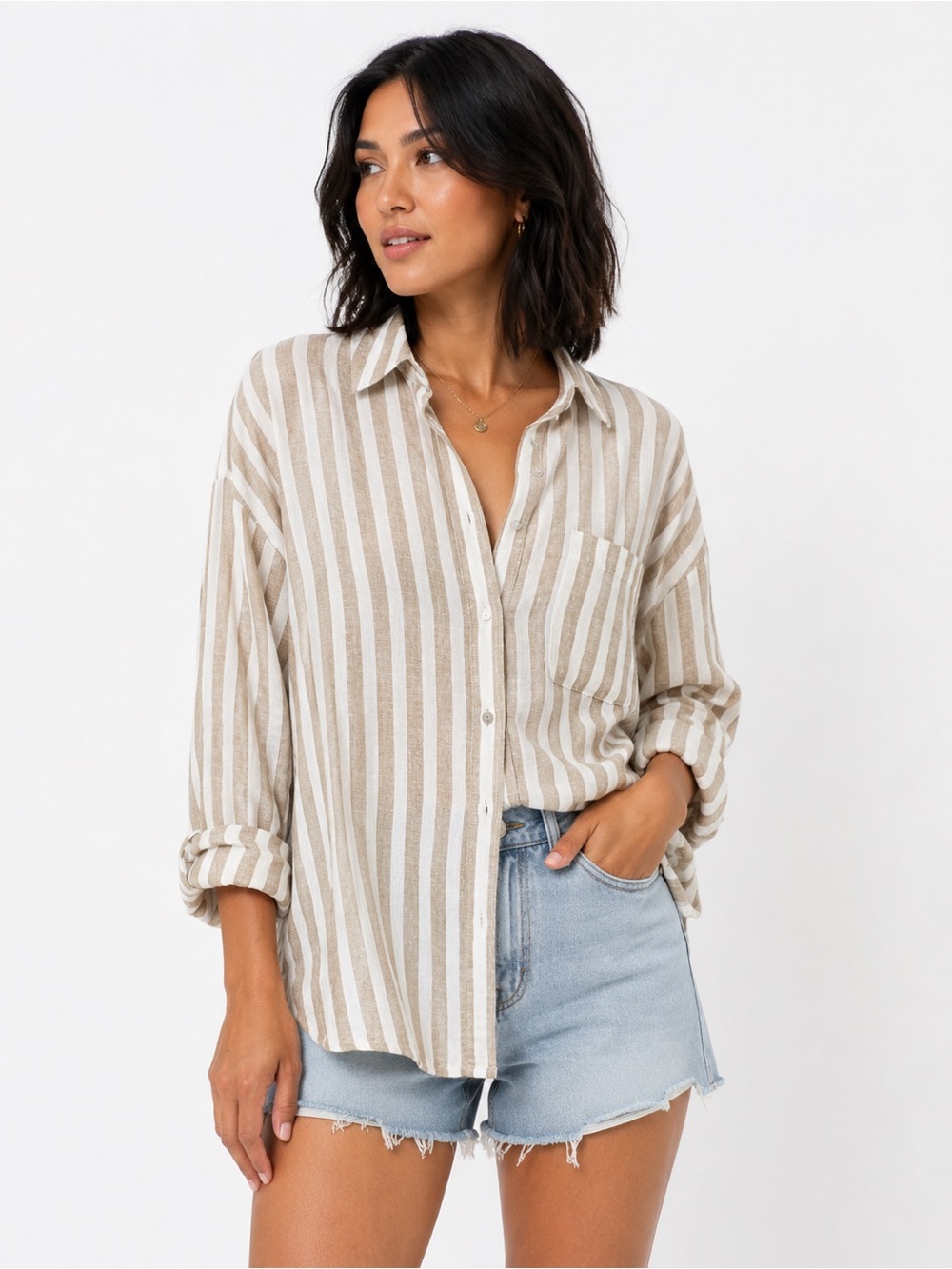 Universal Thread Beige and White Vertical Stripe Button-Down Shirt